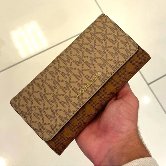 Michael Kors Jet Set Large Signature Logo TriFold Wallet Camel Multi - Picture 2 of 7